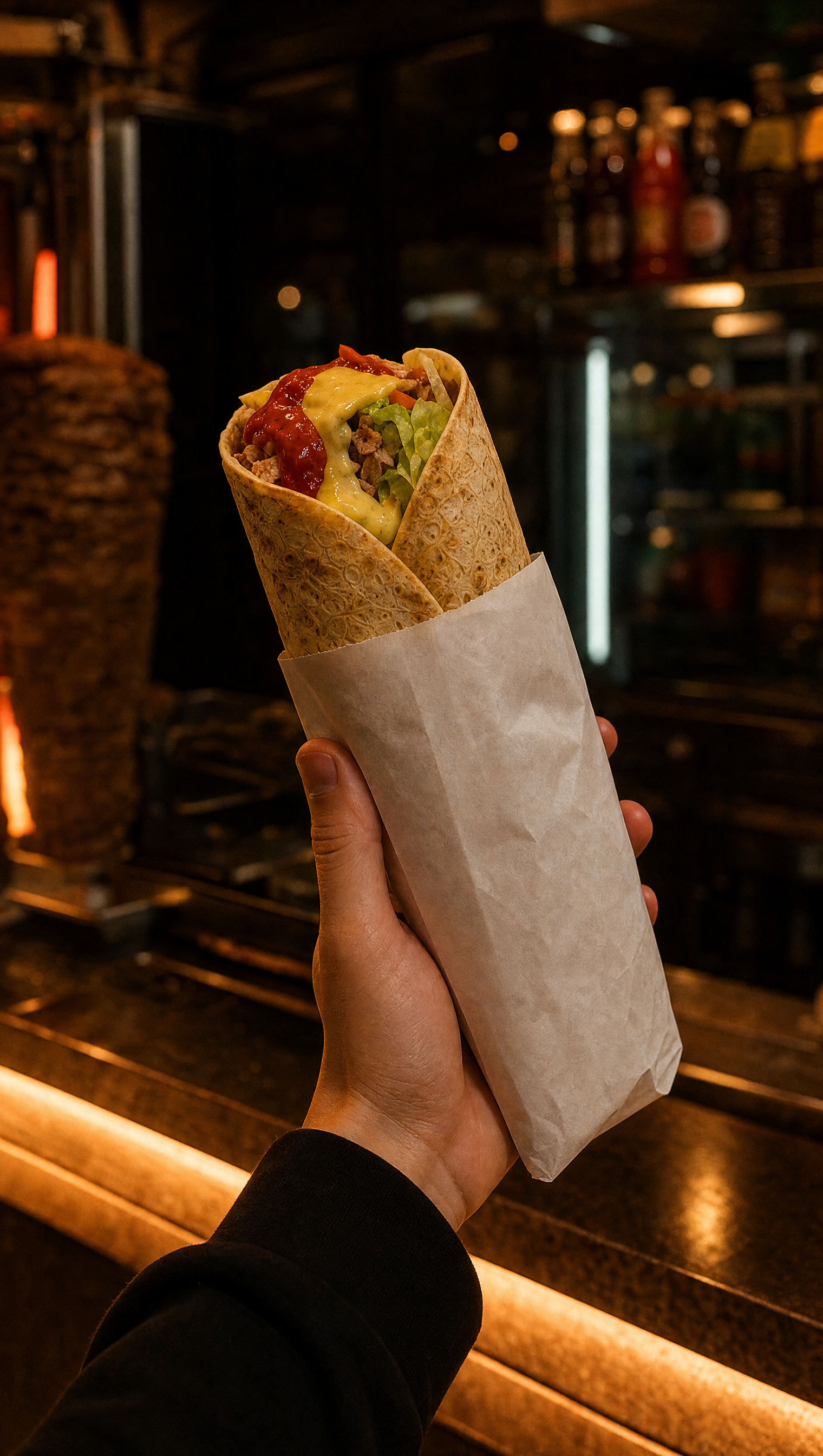 Frisch zubereitetes Tandour Rollo, angeschnitten mit Sauce, Salat und Fleisch